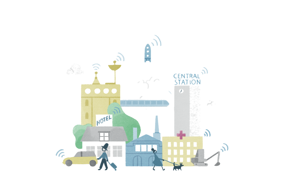 IoT city panorama: hotel, central station, hospital, rocket, all connected. The 2028 scale Airfy targets.