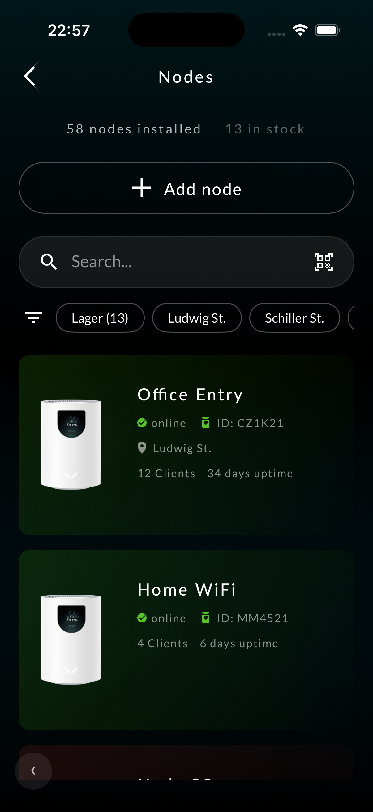 Airfy app screen showing a list of detected nodes with status badges, ready to flash or already on Airfy.